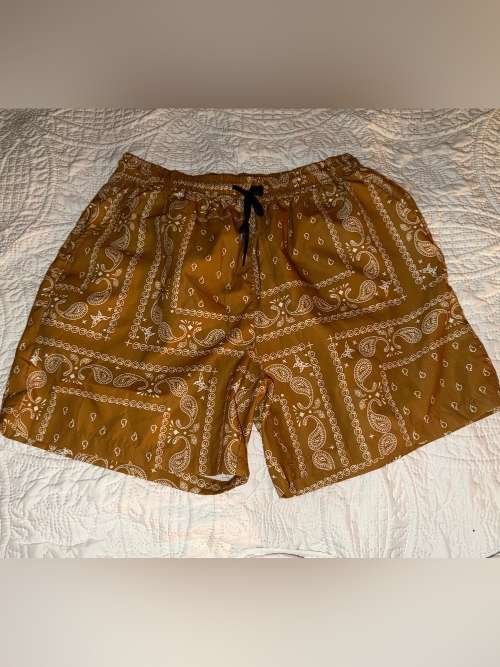 Men’s Brown Paisley Bandana Print Shorts Size L Elastic Waist Drawstring